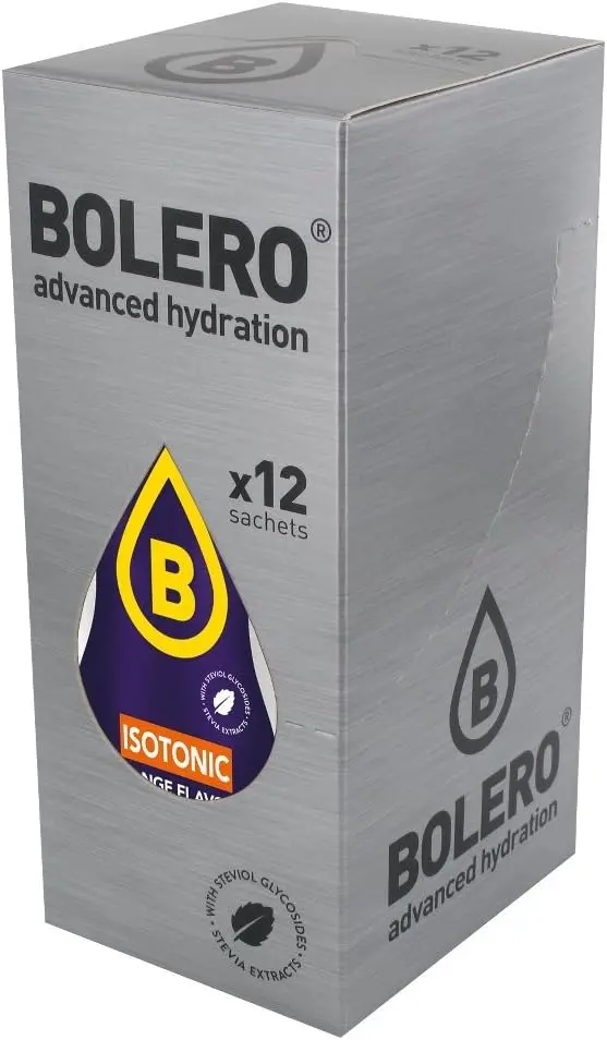 Bolero Sport Sabor Naranja, Caja de 12x9g. Bebida isotónica en polvo sin azúcar con Stevia y minerales para una hidratación avanzada y un rendimiento deportivo óptimo.