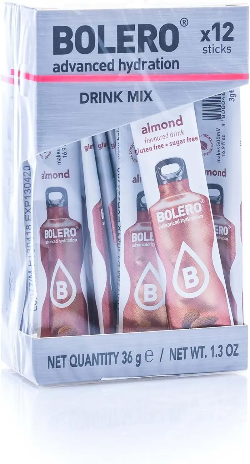Bolero Sticks Sabor Almendra, Caja de 12x3g. Bebida instantánea sin azúcar, baja en calorías y con Stevia para una hidratación avanzada con un delicioso y único sabor.