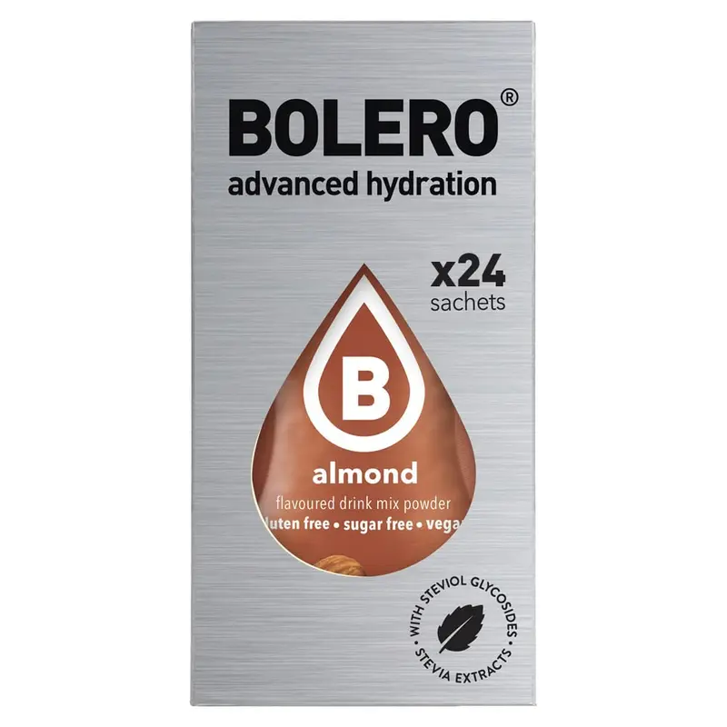 Bolero Sticks Sabor Almendra, Caja de 24x3g. Bebida en polvo soluble sin azúcar, con Stevia y Vitaminas. Ideal para llevar, sin gluten, sin lactosa y bajo en calorías.