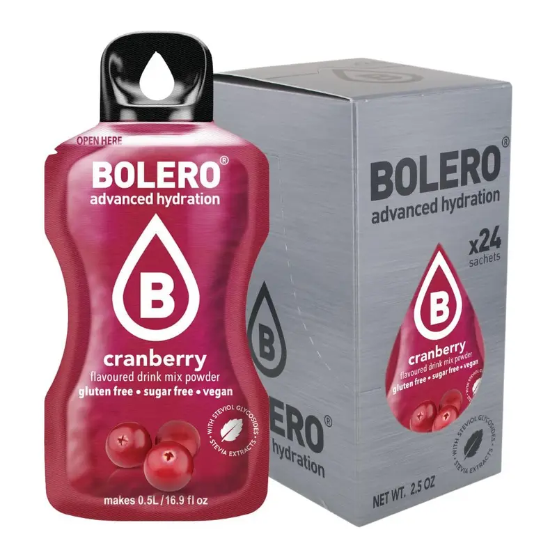 Bolero Sticks Sabor Arándano, Caja de 24x3g. Bebida en polvo sin azúcar para llevar, con Stevia y sin conservantes. Ideal para una hidratación saludable y baja en calorías.