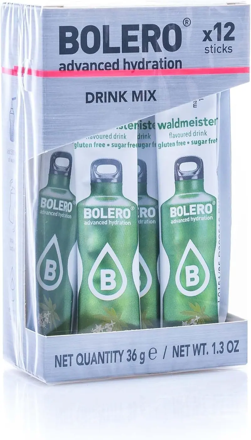 Bolero Sticks Sabor Aspérula, caja de 12 sobres de 3g. Bebida instantánea para preparar un refresco sin azúcar, con Stevia, Vitamina C y sin calorías, ideal para llevar.