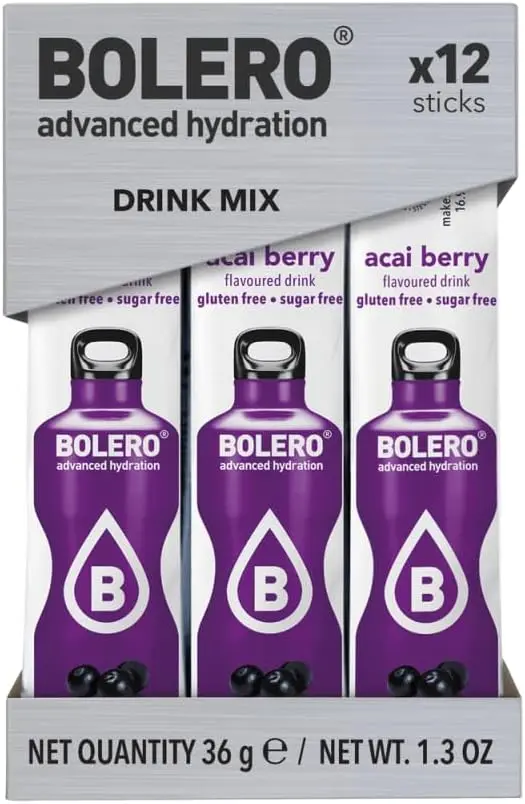 Bolero Sticks Sabor Bayas de Açaí, Caja de 12x3g. Bebida instantánea sin azúcar con Stevia y Vitamina C, un refresco antioxidante para una hidratación avanzada.