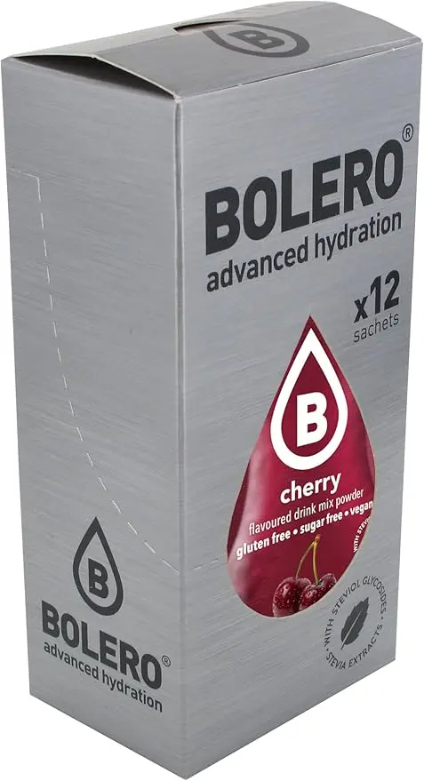 Bolero Sticks Sabor Cereza, Caja de 12x3g. Bebida instantánea en polvo sin azúcar, baja en calorías y con Stevia para una hidratación refrescante y saludable.