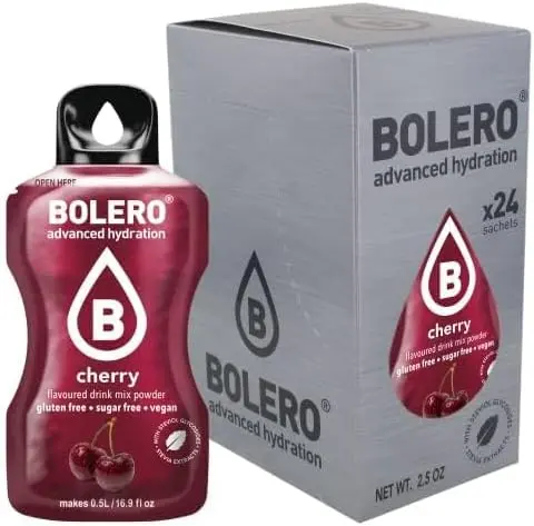 Bolero Sticks Sabor Cereza, Caja de 24x3g. Bebida en polvo individual sin azúcar y con Stevia, ideal para tu botella de agua y para llevar a cualquier parte.