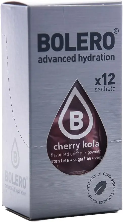 Bolero Sticks Sabor Cereza y Cola, Caja de 12x3g. Bebida instantánea sin azúcar, baja en calorías y con Stevia para una hidratación avanzada con un delicioso sabor.