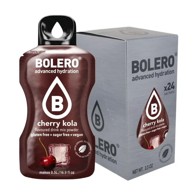 Bolero Sticks Sabor Cereza y Cola, Caja de 24x3g. Bebida en polvo soluble sin azúcar, con Stevia. Ideal para llevar, sin gluten, sin lactosa y bajo en calorías.