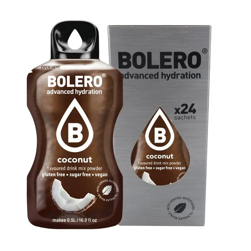 Bolero Sticks Sabor Coco, 24 bolsitas de 3g. Formato para llevar de bebida en polvo soluble, sin azúcar, baja en calorías y endulzada con Stevia.