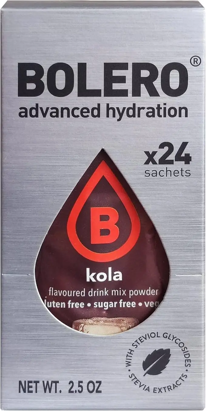Bolero Sticks Sabor Cola, Caja de 24 bolsitas de 3g. Formato para llevar de bebida en polvo soluble, sin azúcar, baja en calorías y endulzada con Stevia.