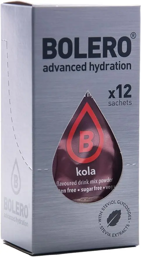 Bolero Sticks Sabor Cola, Pack de 12x3g. Bebida instantánea sin azúcar, sin grasas y baja en calorías, enriquecida con Vitamina C para una hidratación saludable y sabrosa.
