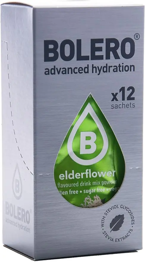Bolero Sticks Sabor Flor de Saúco, Caja de 12x3g. Bebida en polvo sin azúcar, baja en calorías y con Stevia para una hidratación avanzada con un delicioso y único sabor floral.
