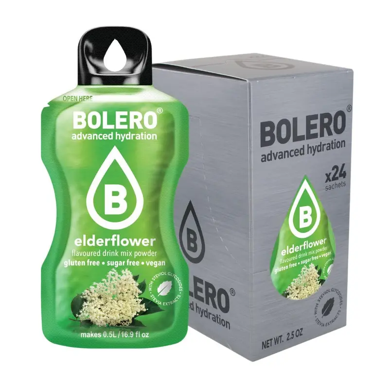 Bolero Sticks Sabor Flor de Saúco, Caja de 24x3g. Bebida en polvo sin azúcar para llevar, con Stevia y Vitaminas. Ideal para niños, deportistas y veganos, sin gluten y bajo en calorías.