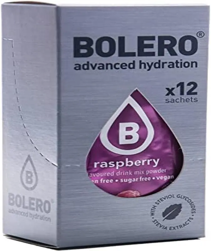 Bolero Sticks Sabor Frambuesa, Caja de 12x3g. Bebida instantánea en polvo sin azúcar, baja en calorías y con Stevia para una hidratación refrescante y saludable.