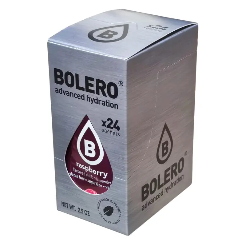Bolero Sticks Sabor Frambuesa, Caja de 24x3g. Bebida en polvo individual sin azúcar y con Stevia, ideal para tu botella de agua y para llevar a cualquier parte.