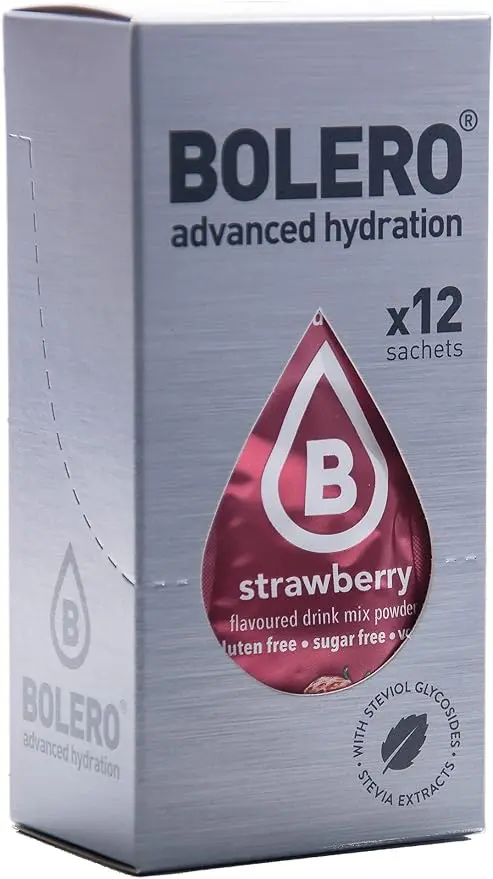Bolero Sticks Sabor Fresa, 12x3g. Bebida en polvo para llevar sin azúcar, con Stevia y Vitamina C para una hidratación avanzada y refrescante en cualquier lugar.