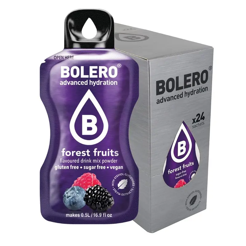 Bolero Sticks Sabor Frutas del Bosque, 24x3g. Bebida instantánea para llevar sin azúcar, baja en calorías, sin gluten, sin lactosa y con Stevia.