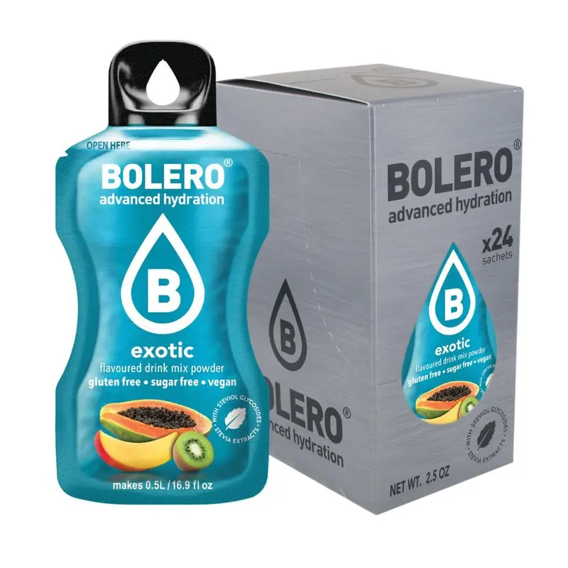 Bolero Sticks Sabor Frutas Exóticas, Caja de 24x3g. Bebida instantánea sin azúcar, con Stevia, Vitaminas y sin conservantes. Ideal para llevar y disfrutar de un refresco saludable.