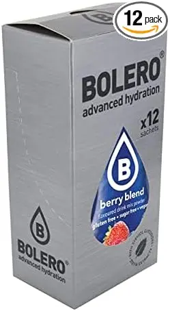 Bolero Sticks Sabor Frutos del Bosque, Caja de 12x3g. Bebida hidrosoluble sin azúcar, con Stevia y Vitamina C para una hidratación refrescante y saludable.