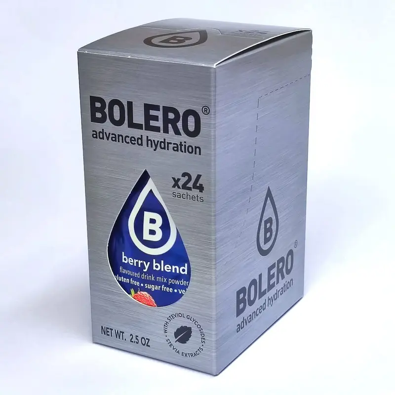 Bolero Sticks Sabor Frutos del Bosque, Caja de 24x3g. Bebida en polvo individual sin azúcar y con Stevia, ideal para tu botella de agua y para llevar a cualquier parte.