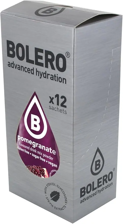 Bolero Sticks Sabor Granada, Caja de 12x3g. Bebida en polvo sin azúcar, baja en calorías y con Stevia para una hidratación refrescante y saludable.