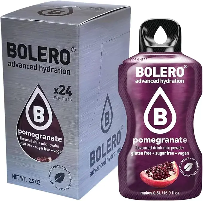 Bolero Sticks Sabor Granada, Caja de 24x3g. Bebida en polvo soluble sin azúcar, con Stevia y Vitaminas. Ideal para llevar, sin gluten, sin lactosa y bajo en calorías.