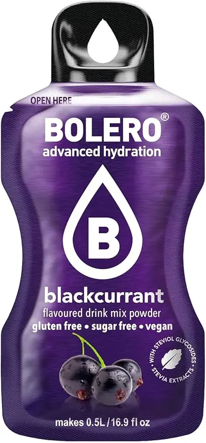 Bolero Sticks Sabor Grosella Negra, Caja de 12x3g. Bebida instantánea en polvo sin azúcar, baja en calorías y con Stevia para una hidratación refrescante y saludable.