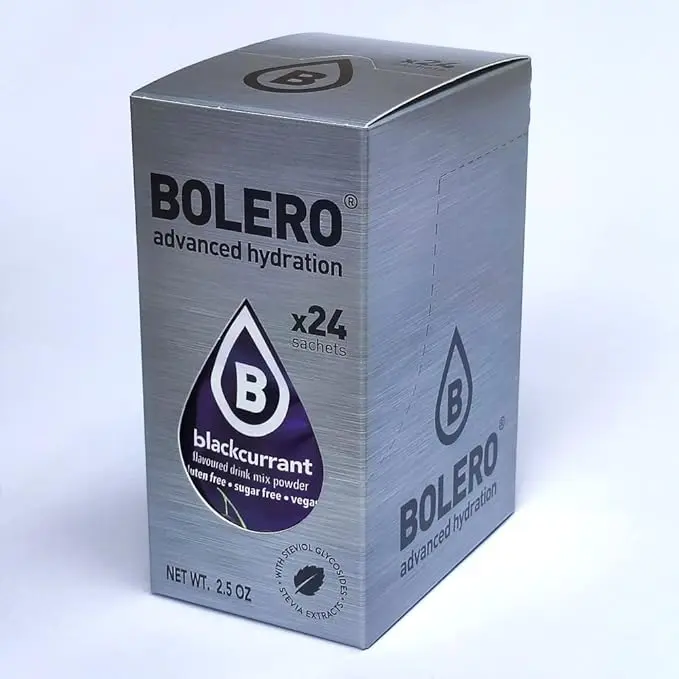 Bolero Sticks Sabor Grosella Negra, Caja de 24x3g. Bebida en polvo soluble sin azúcar, con Stevia y Vitaminas. Ideal para llevar, sin gluten, sin lactosa y bajo en calorías.