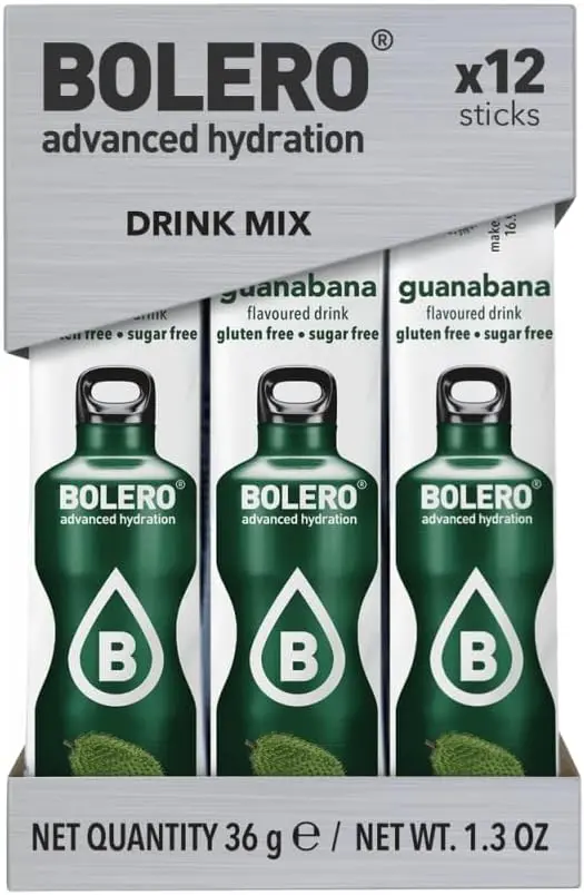 Bolero Sticks Sabor Guanábana, Caja de 12x3g. Bebida instantánea sin azúcar, baja en calorías y con Stevia para una hidratación avanzada con un delicioso toque tropical.