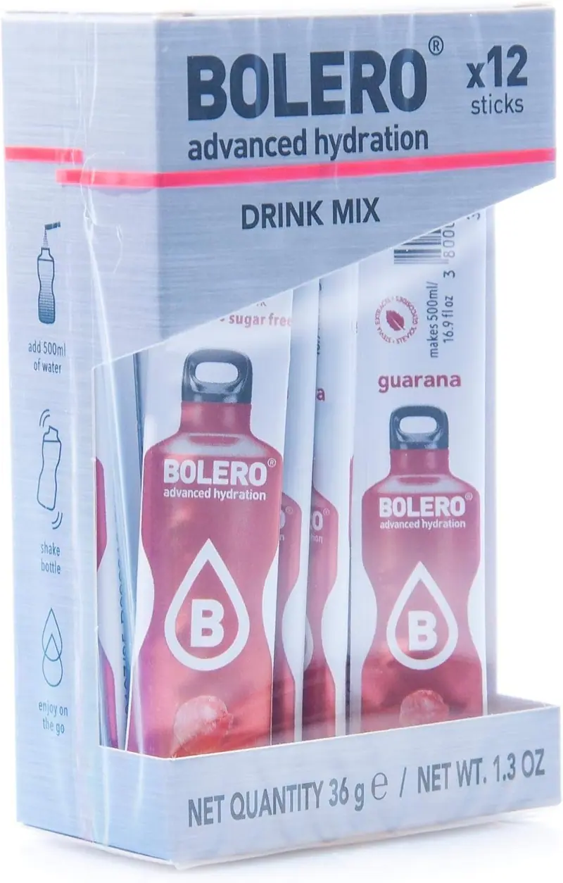 Bolero Sticks Sabor Guaraná, Caja de 12x3g. Bebida instantánea sin azúcar, baja en calorías y con Stevia para una hidratación avanzada con un delicioso sabor.