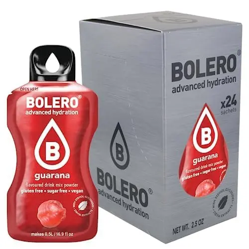 Bolero Sticks Sabor Guaraná, Caja de 24x3g. Bebida en polvo sin azúcar para llevar, con Stevia y Vitamina C. Ideal para niños, deportistas y veganos, sin gluten y bajo en calorías.