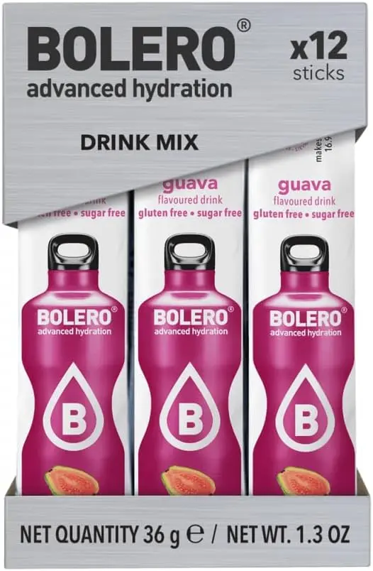 Bolero Sticks Sabor Guayaba, Caja de 12x3g. Bebida en polvo sin azúcar, baja en calorías y con Stevia para una hidratación refrescante y saludable.