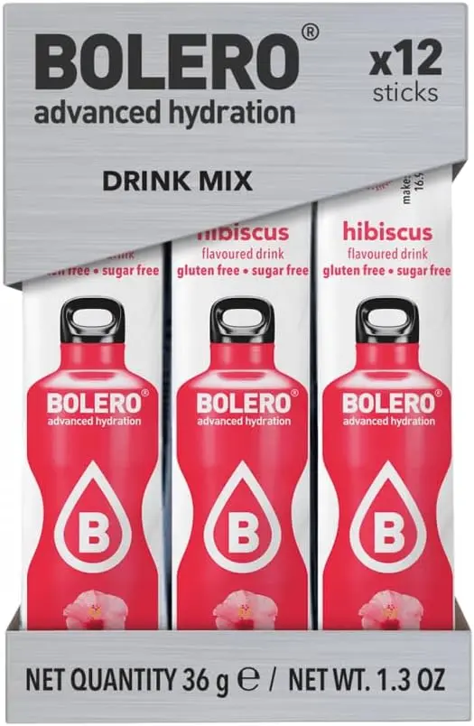 Bolero Sticks Sabor Hibisco, Caja de 12x3g. Bebida en polvo sin azúcar, baja en calorías y con Stevia para una hidratación avanzada con un delicioso y único sabor floral.