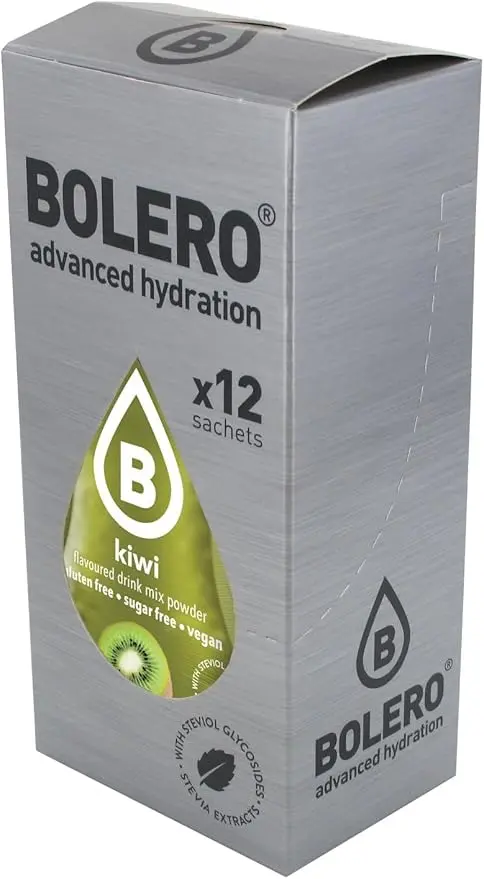 Bolero Sticks Sabor Kiwi, Caja de 12x3g. Bebida instantánea en polvo sin azúcar, baja en calorías y con Stevia para una hidratación refrescante y saludable.