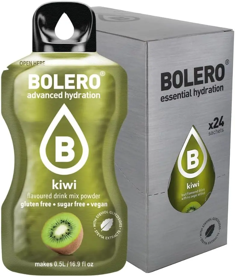 Bolero Sticks Sabor Kiwi, Caja de 24x3g. Bebida en polvo soluble sin azúcar, con Stevia y Vitaminas. Ideal para llevar, sin gluten, sin lactosa y bajo en calorías.