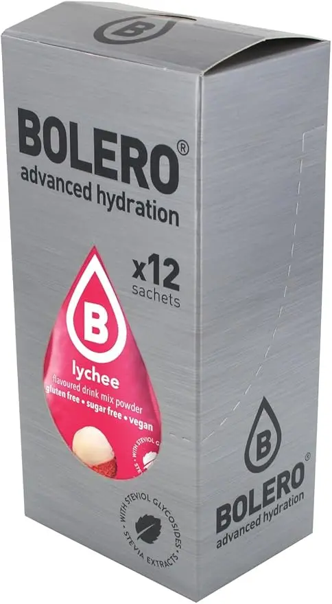 Bolero Sticks Sabor Lichi, Caja de 12x3g. Bebida en polvo sin azúcar, baja en calorías y con Stevia para una hidratación refrescante y saludable.