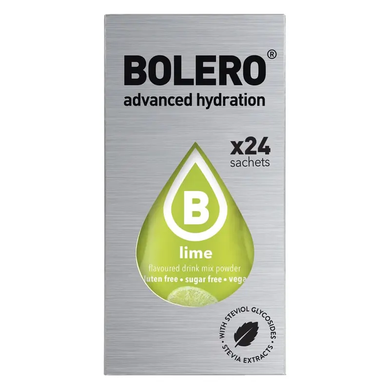 Bolero Sticks Sabor Lima, Caja de 24x3g. Bebida en polvo soluble sin azúcar, con Stevia y Vitaminas. Ideal para llevar, sin gluten, sin lactosa y bajo en calorías.