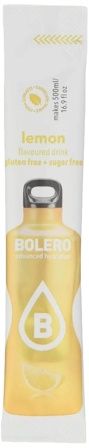 Bolero Sticks Sabor Limón, Caja de 12x3g. Bebida instantánea en polvo sin azúcar, baja en calorías y con Stevia para una hidratación refrescante y saludable.