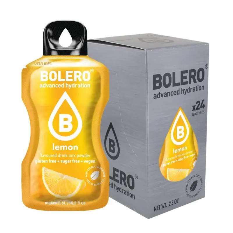 Bolero Sticks Sabor Limón, Caja de 24x3g. Bebida en polvo individual sin azúcar y con Stevia, ideal para tu botella de agua y para llevar a cualquier parte.