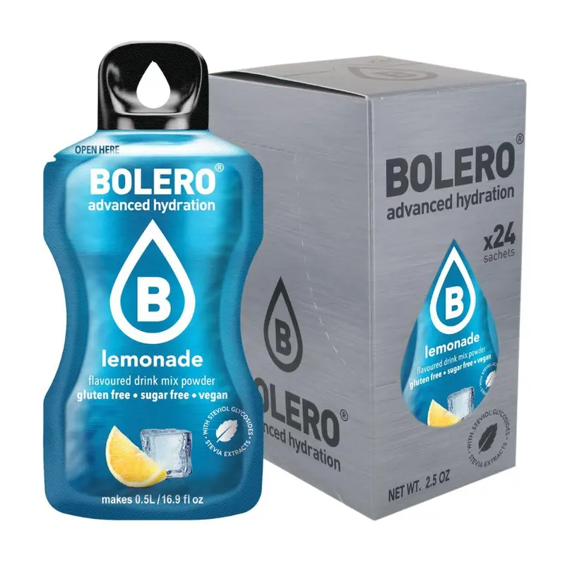 Bolero Sticks Sabor Limonada, caja de 24 sobres de 3g. Bebida en polvo para preparar un refresco sin azúcar, con Stevia, Vitamina C y bajo en calorías para llevar.