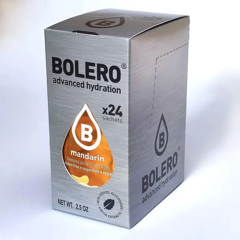 Bolero Sticks Sabor Mandarina, Caja de 24x3g. Bebida en polvo soluble sin azúcar, con Stevia y Vitaminas. Ideal para llevar, sin gluten, sin lactosa y bajo en calorías.