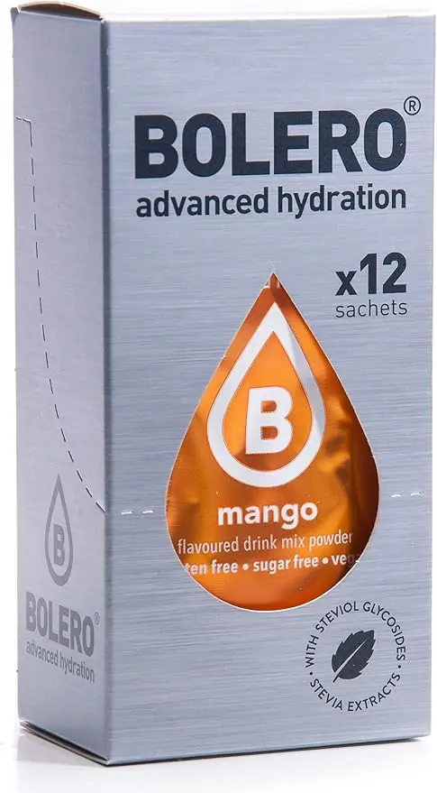 Bolero Sticks Sabor Mango, Caja de 12x3g. Bebida instantánea sin azúcar, baja en calorías y con Stevia para una hidratación avanzada con un delicioso toque tropical.