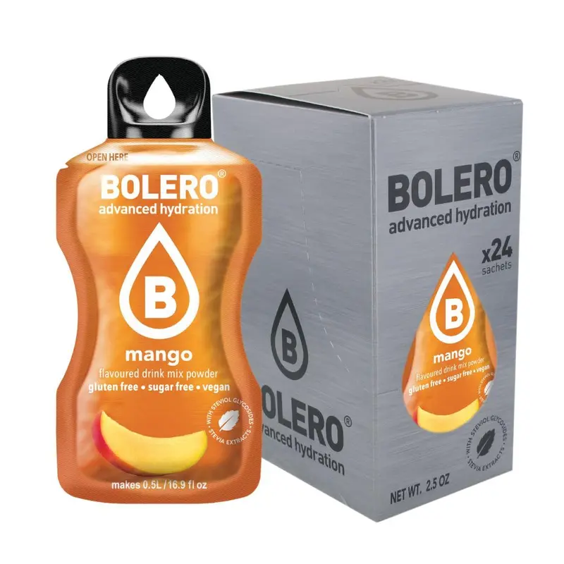 Bolero Sticks Sabor Mango, Caja de 24x3g. Bebida en polvo soluble sin azúcar, con Stevia y Vitaminas. Ideal para llevar, sin gluten, sin lactosa y bajo en calorías.