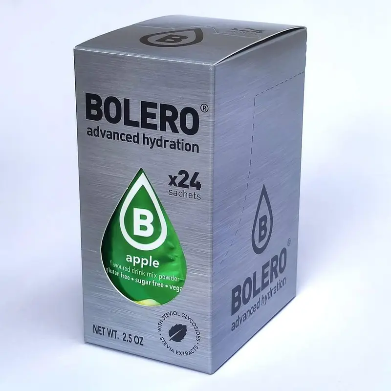 Bolero Sticks Sabor Manzana, Caja de 24x3g. Bebida en polvo soluble sin azúcar, con Stevia y Vitaminas. Ideal para llevar, sin gluten, sin lactosa y bajo en calorías.