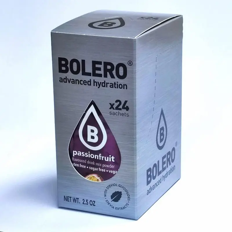 Bolero Sticks Sabor Maracuyá, Caja de 24x3g. Bebida en polvo soluble sin azúcar, con Stevia y Vitaminas. Ideal para llevar, sin gluten, sin lactosa y bajo en calorías.