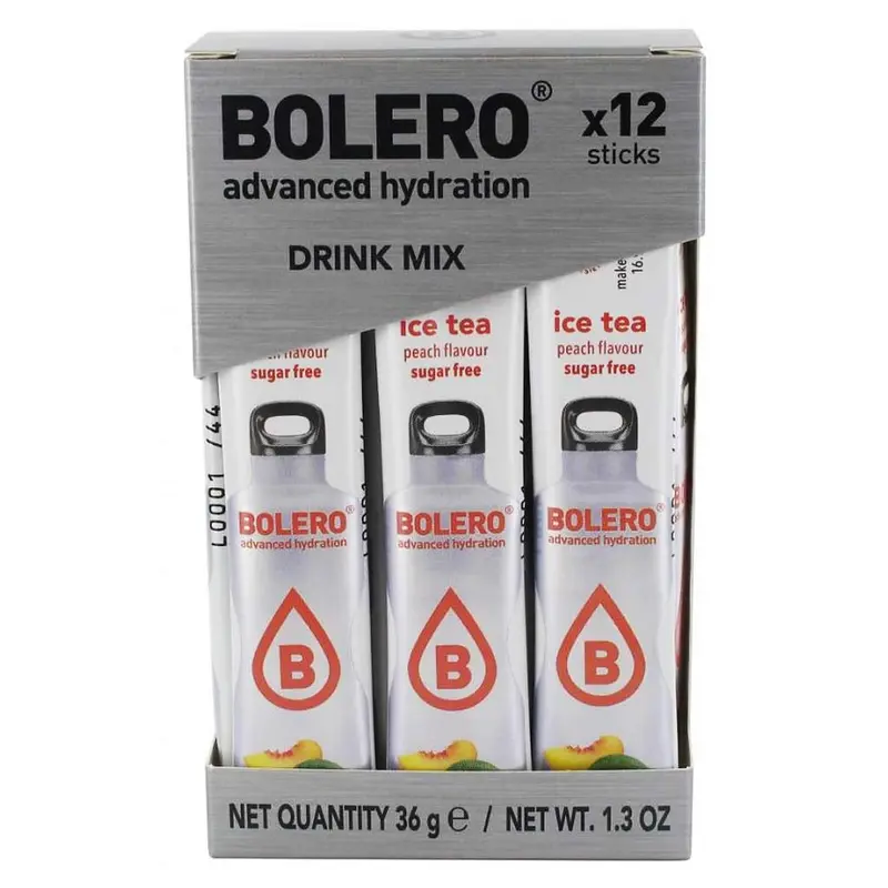 Bolero Sticks Sabor Melocotón, Caja de 12x3g. Bebida instantánea en polvo sin azúcar con Stevia y Vitamina C, ideal para tu botella de agua y para llevar a cualquier parte.