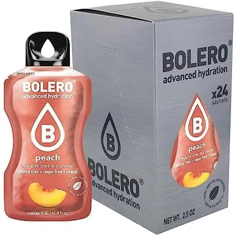 Bolero Sticks Sabor Melocotón, Caja de 24x3g. Bebida en polvo sin azúcar para llevar, con Stevia y Vitamina C. Ideal para niños, deportistas y veganos, sin gluten y bajo en calorías.