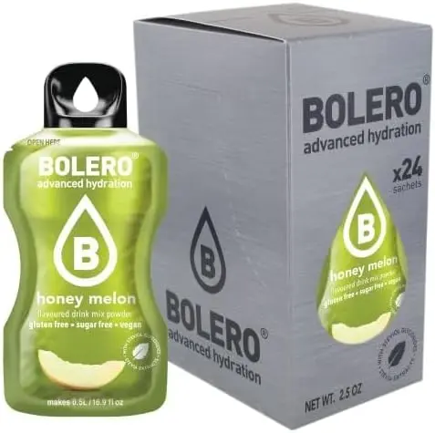 Bolero Sticks Sabor Melón con Miel, Caja de 24x3g. Bebida en polvo individual sin azúcar y con Stevia, ideal para tu botella de agua y para llevar a cualquier parte.