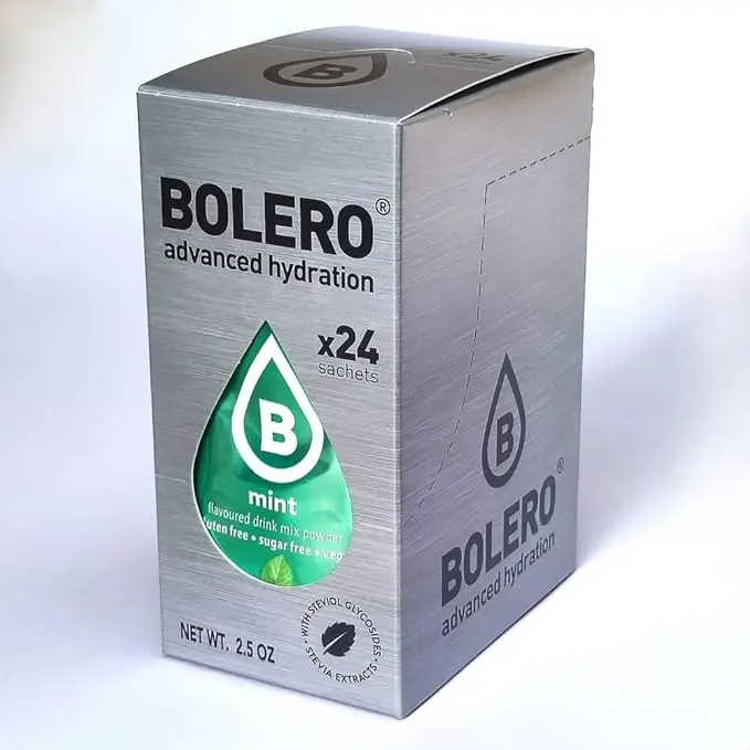 Bolero Sticks Sabor Menta, Caja de 24x3g. Bebida en polvo soluble sin azúcar, con Stevia y Vitaminas. Ideal para llevar, sin gluten, sin lactosa y bajo en calorías.