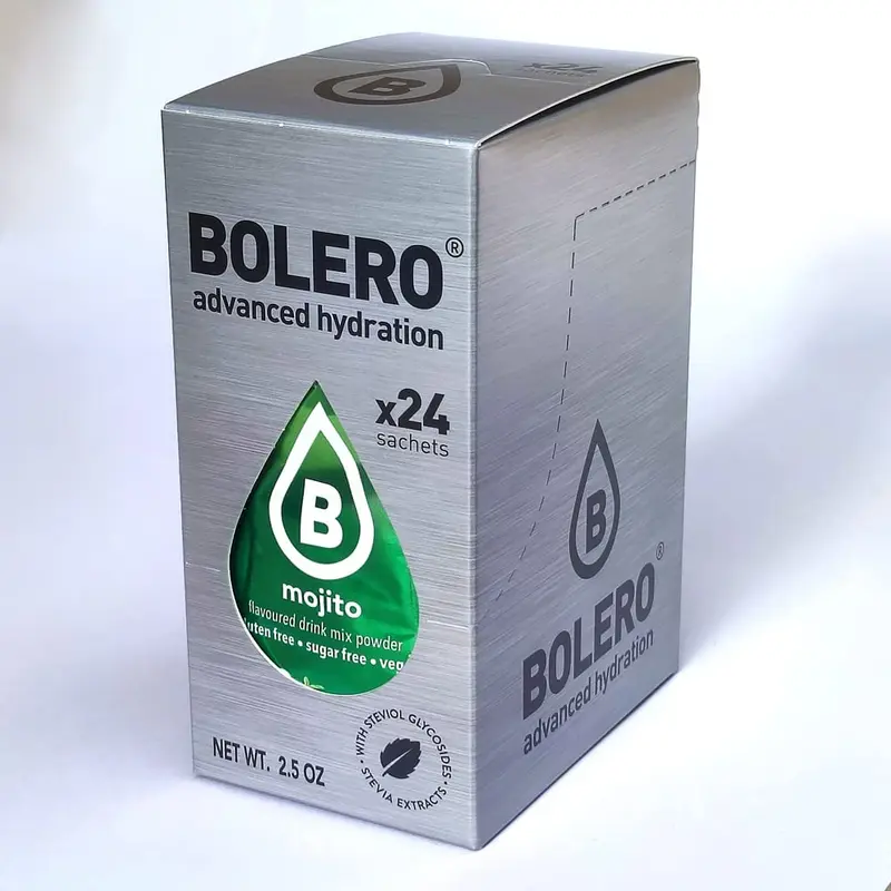 Bolero Sticks Sabor Mojito, Caja de 24x3g. Bebida en polvo sin azúcar para llevar, con Stevia y Vitaminas. Ideal para niños, deportistas y veganos, sin gluten y bajo en calorías.