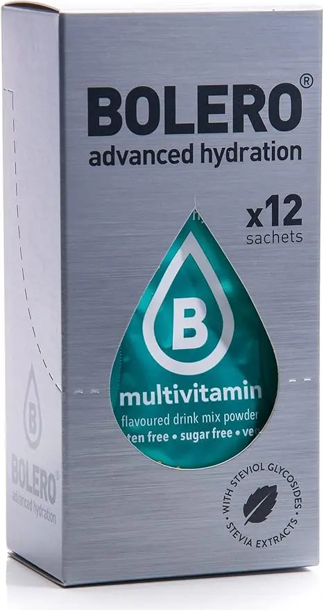 Bolero Sticks Sabor Multivitaminas, 12x3g. Bebida en polvo para llevar sin azúcar, con Stevia y enriquecida con Vitaminas A, C y E para una hidratación completa.