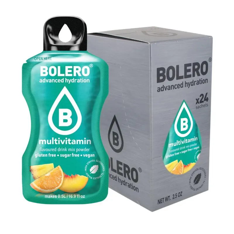 Bolero Sticks Sabor Multivitaminas, 24 bolsitas de 3g. Formato para llevar de bebida en polvo sin azúcar, baja en calorías y enriquecida con vitaminas.